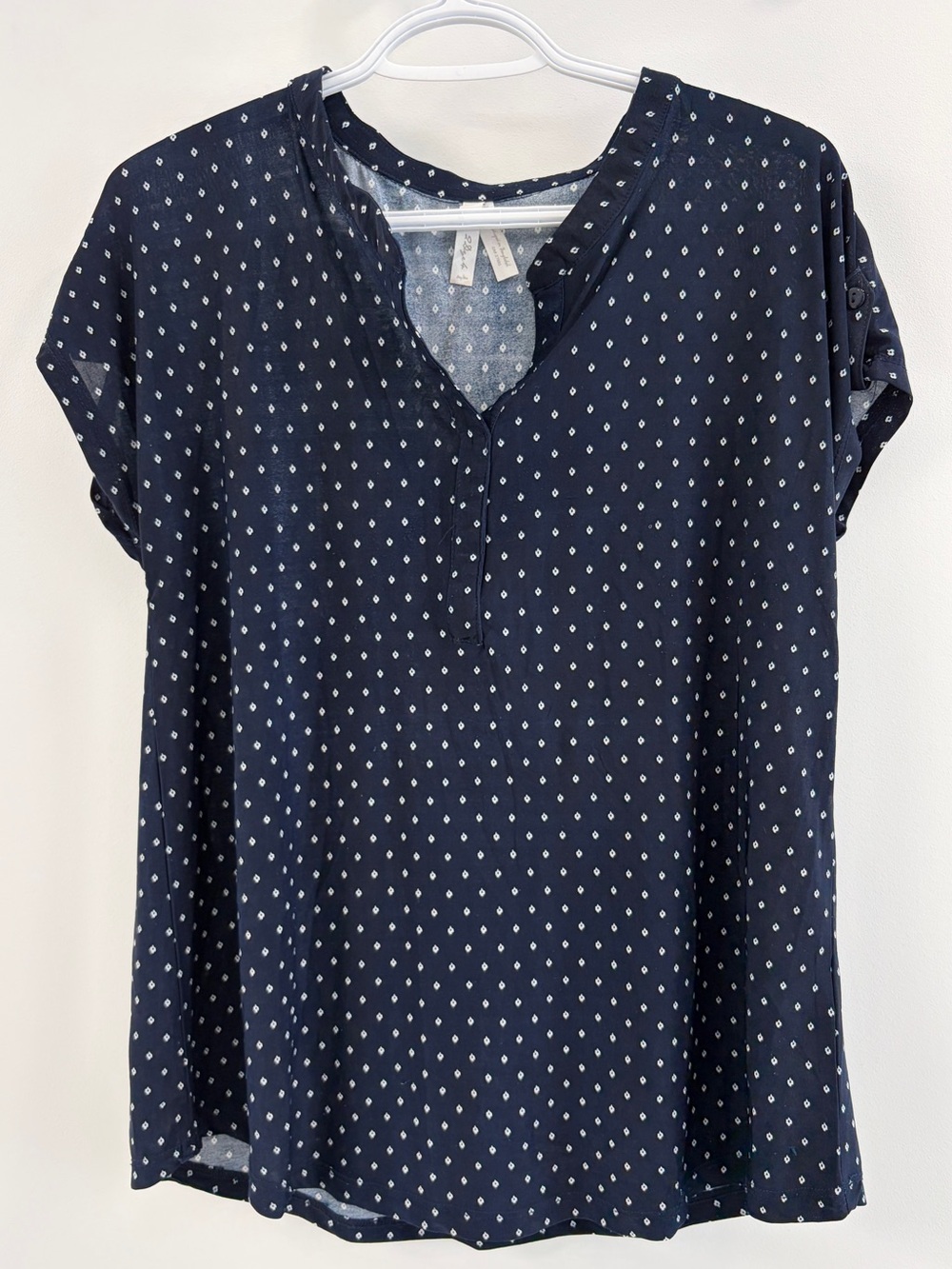 Navy Polka Dot Short Sleeve V-Neck Top Blouse - Medium